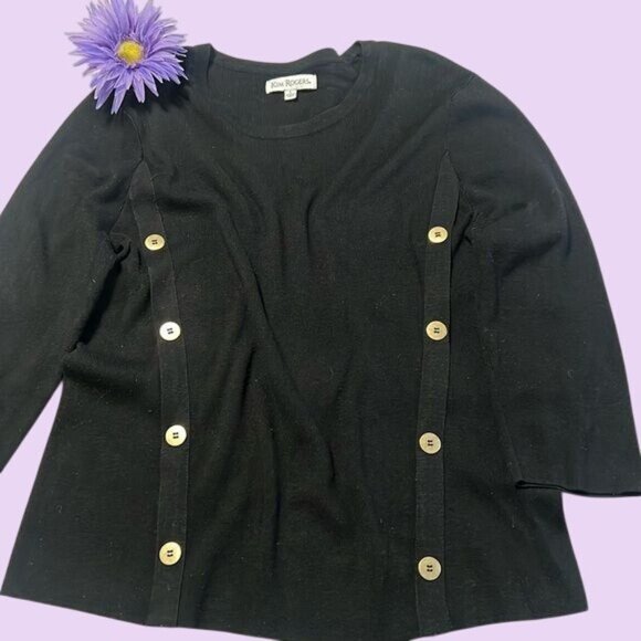 Kim Rogers Womens Black Button Accent 3/4 Sleeve Top L - Picture 1 of 4